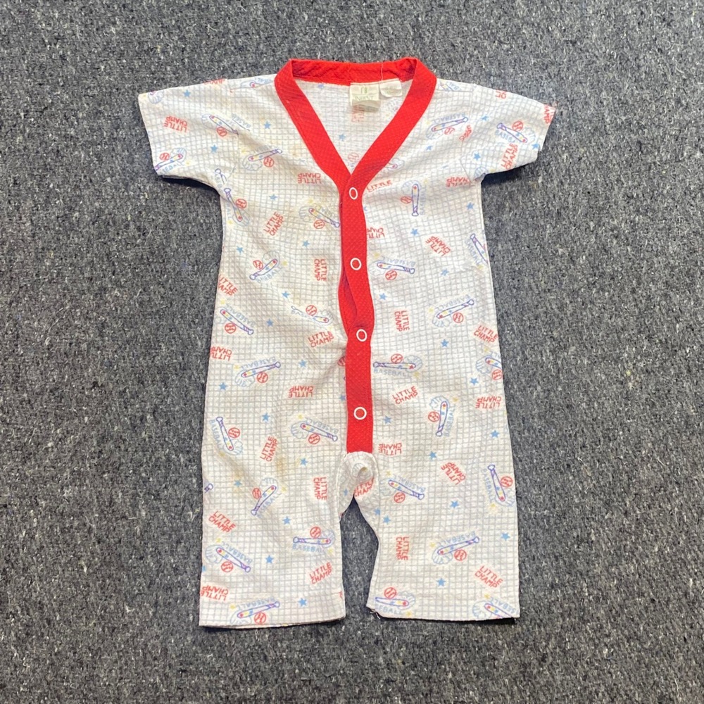 Sears‎ Baseball Romper Sz 1B Infant White Red Retro Sporty Little Champ Snaps